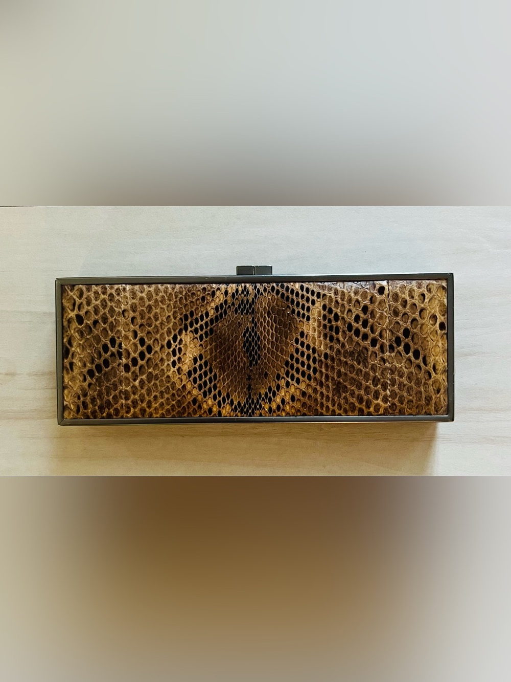 Ellen Tracy Genuine Leather Snake Skin Print clutch bag with a metallic frame